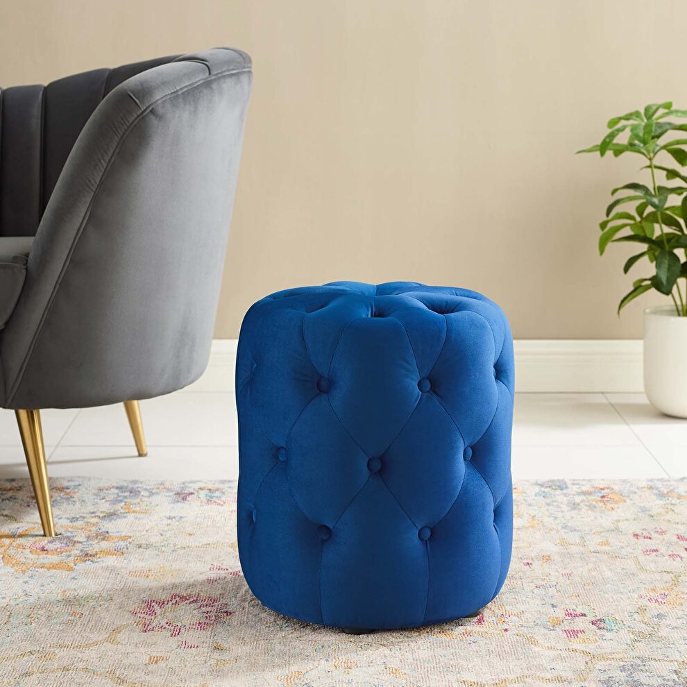 Tufted button round performance velvet ottoman in navy by Modway