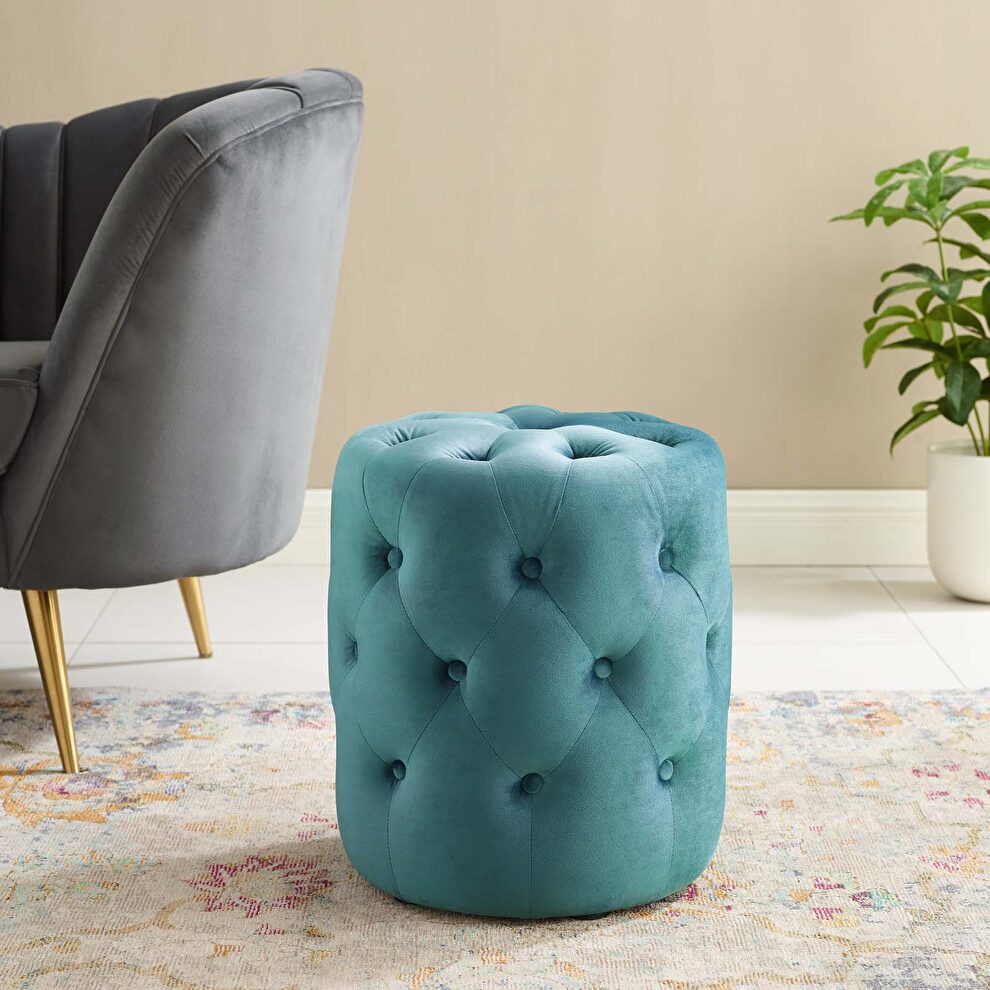 Tufted button round performance velvet ottoman in sea blue by Modway