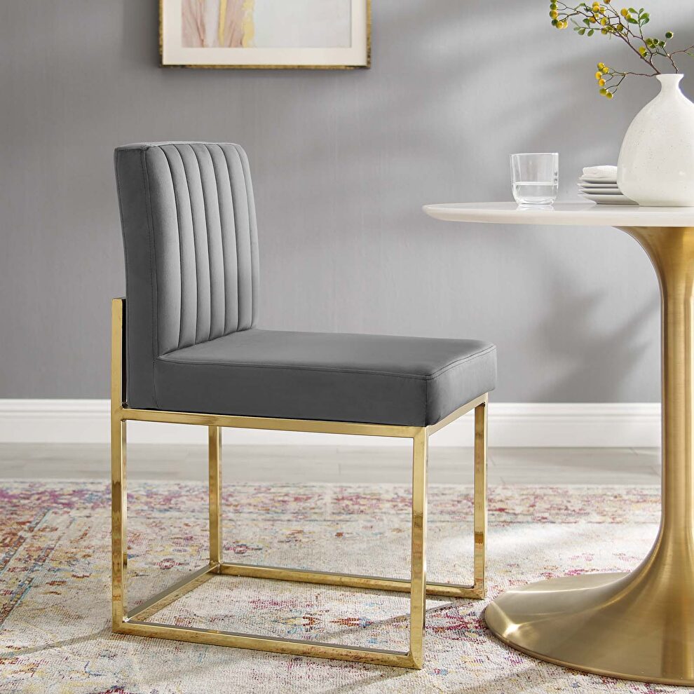 Channel tufted sled base performance velvet dining chair in gold charcoal by Modway