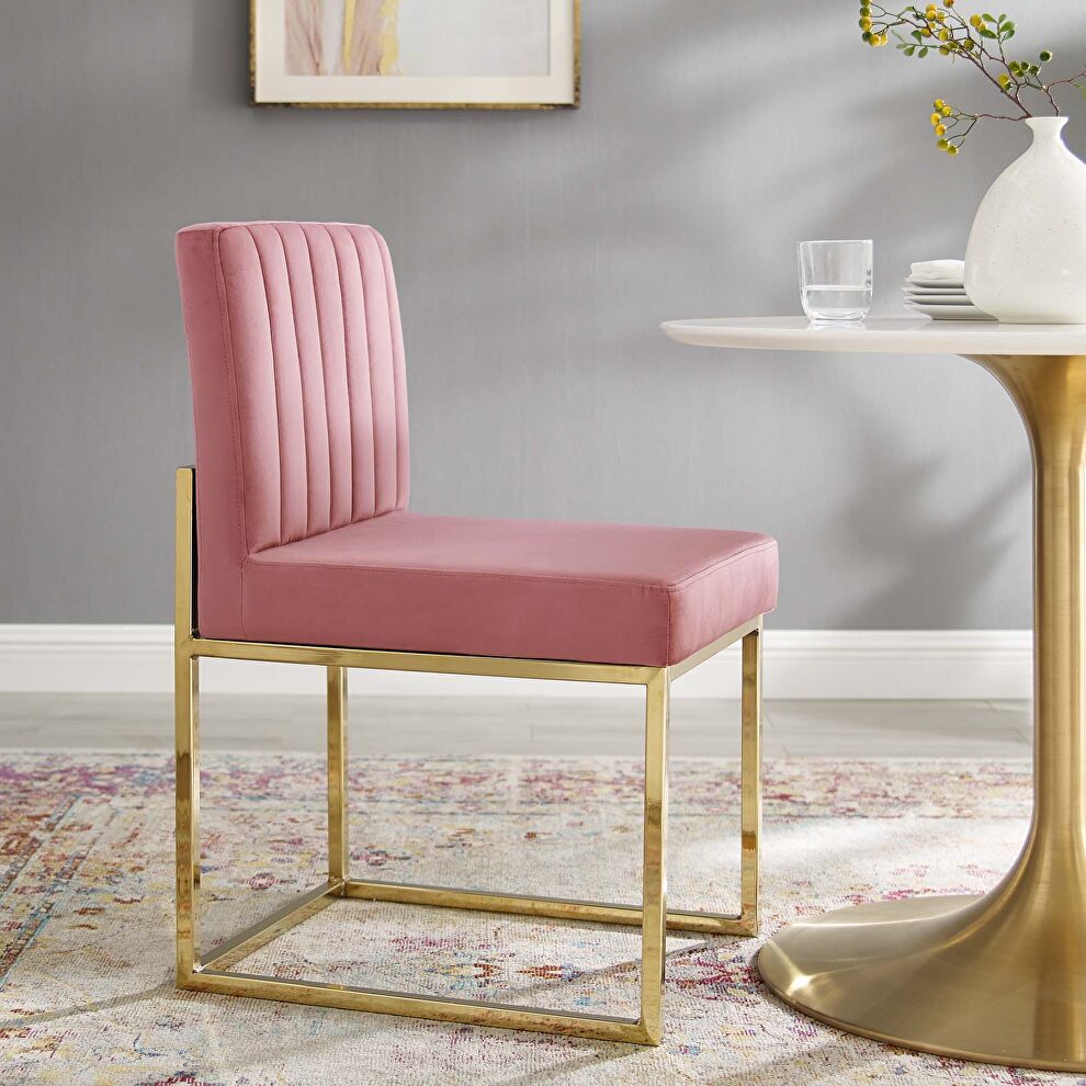 Channel tufted sled base performance velvet dining chair in gold dusty rose by Modway