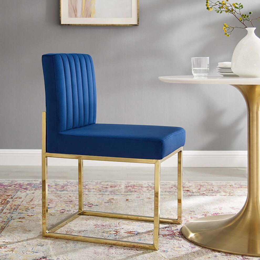 Channel tufted sled base performance velvet dining chair in gold navy by Modway