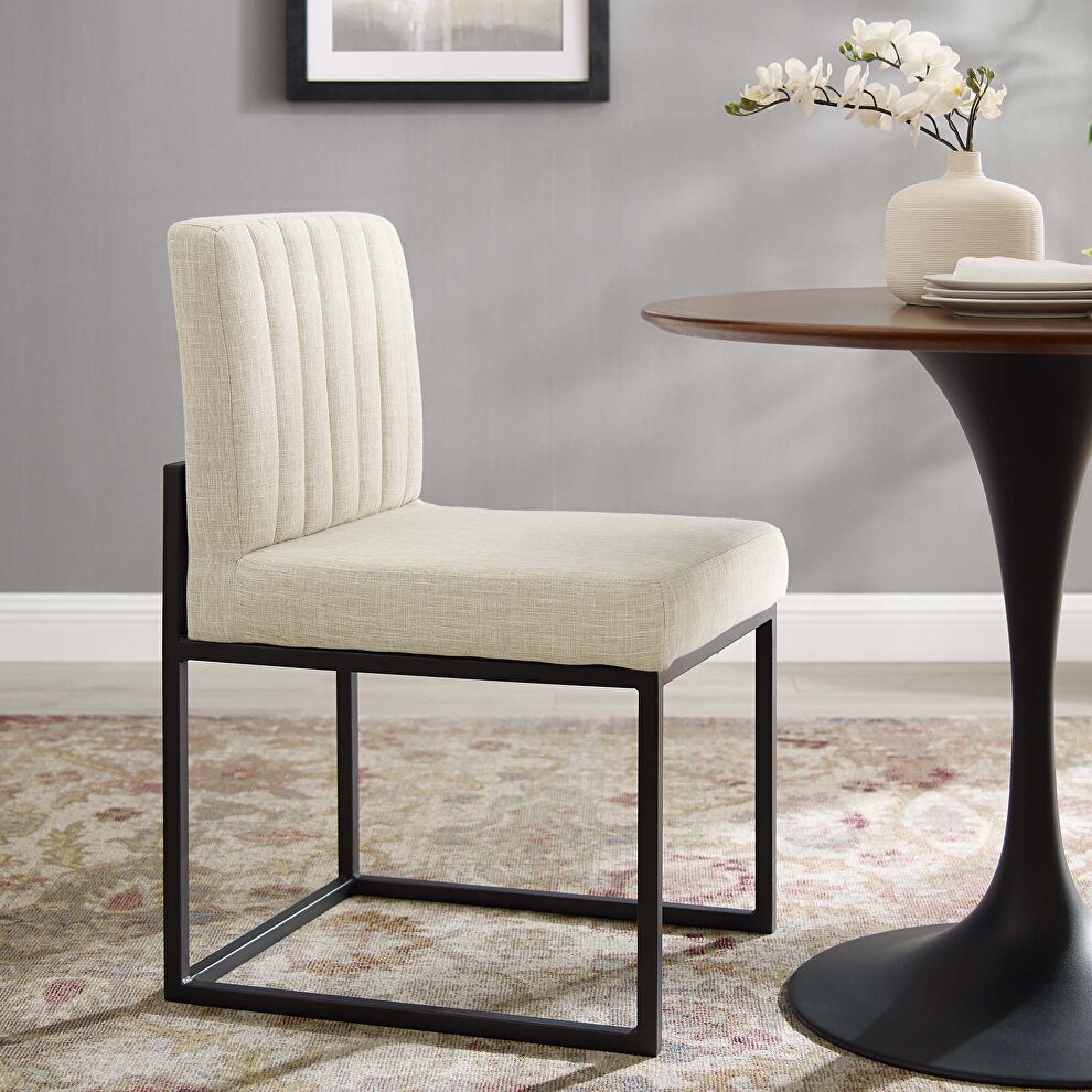 Channel tufted sled base upholstered fabric dining chair in black beige by Modway