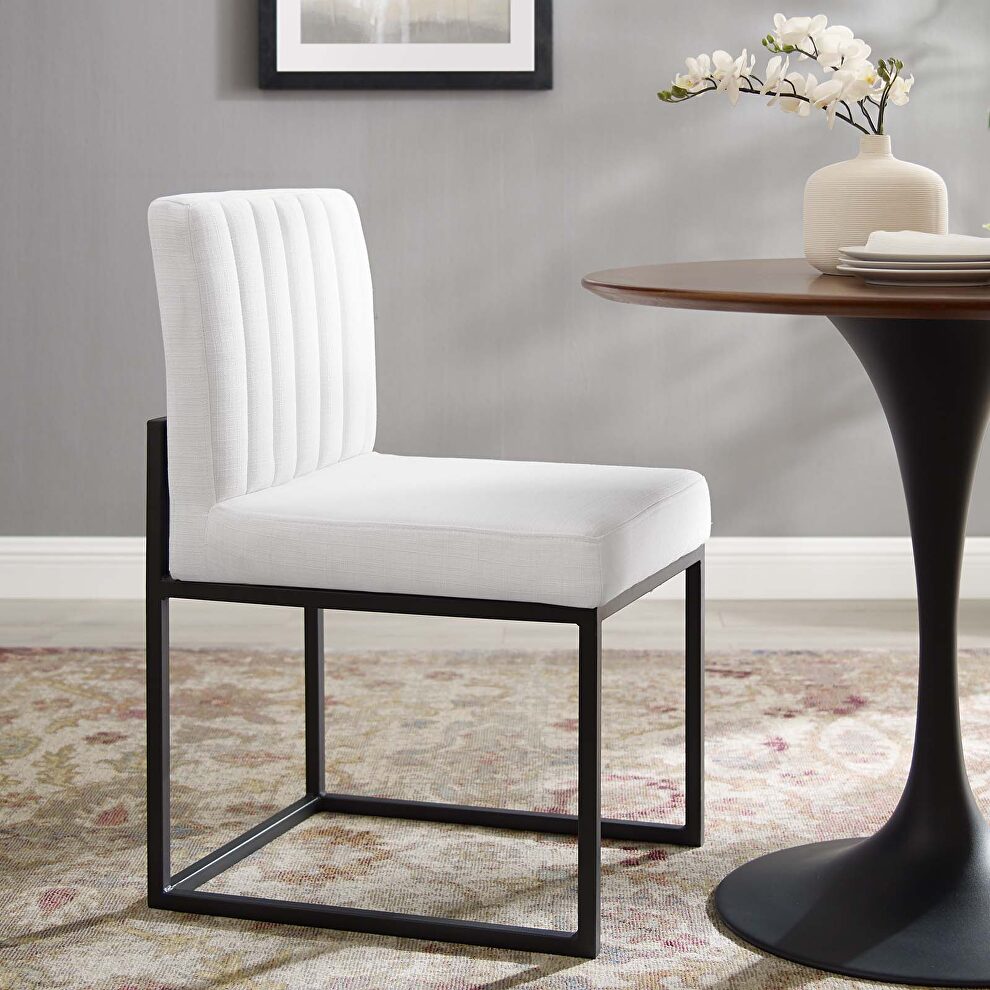 Channel tufted sled base upholstered fabric dining chair in black white by Modway