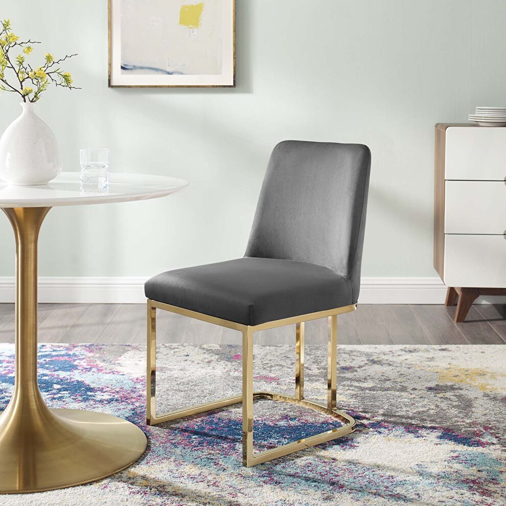Sled base performance velvet dining side chair in gold gray by Modway