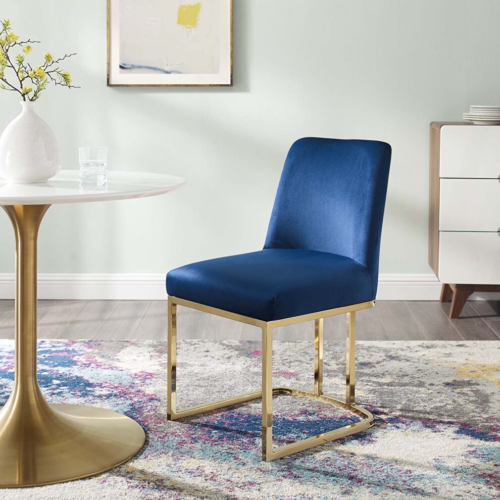 Sled base performance velvet dining side chair in gold navy by Modway