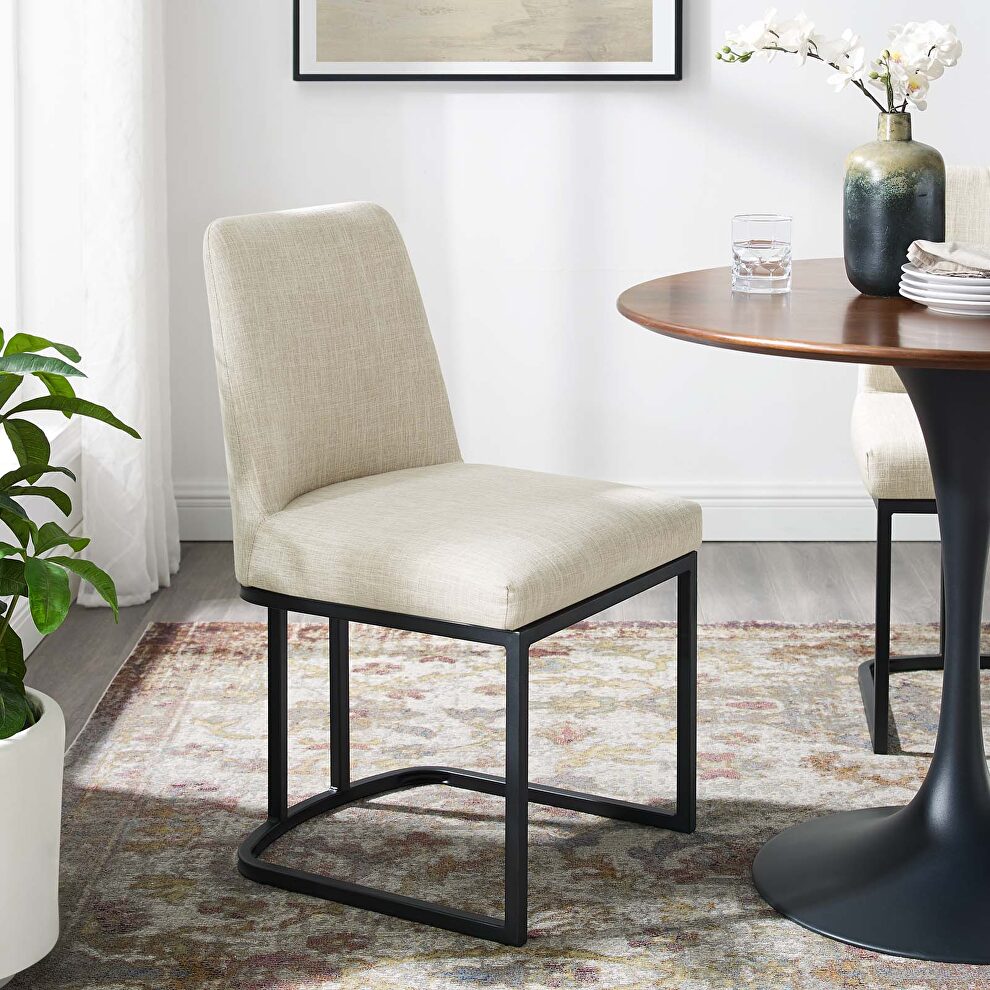 Sled base upholstered fabric dining side chair in black beige by Modway