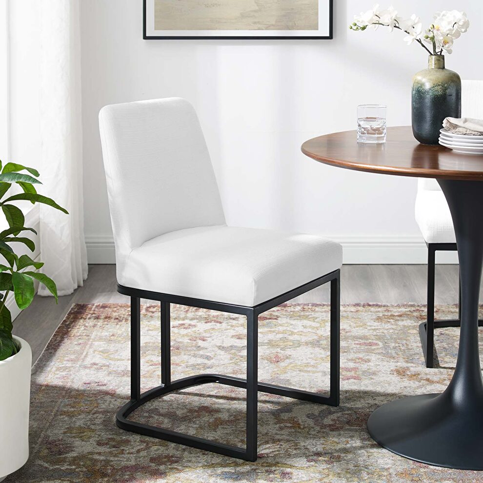 Sled base upholstered fabric dining side chair in black white by Modway