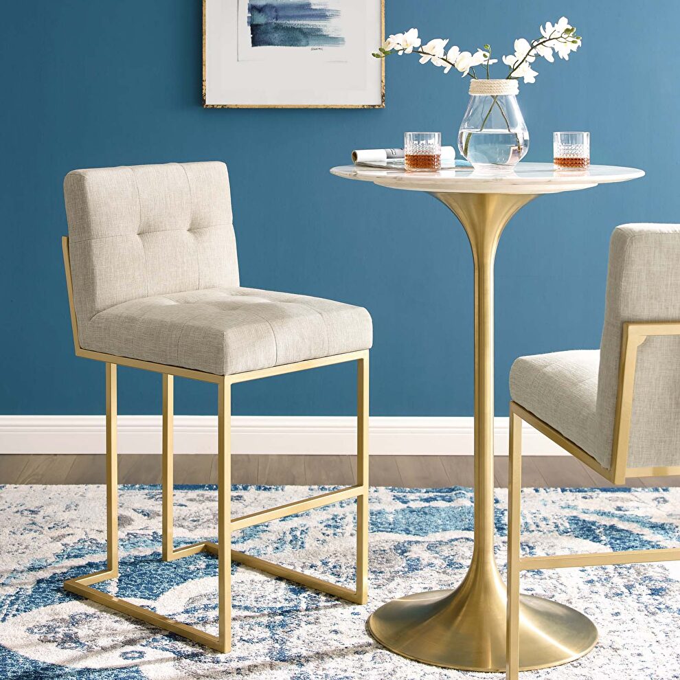 Gold stainless steel upholstered fabric bar stool in gold beige by Modway