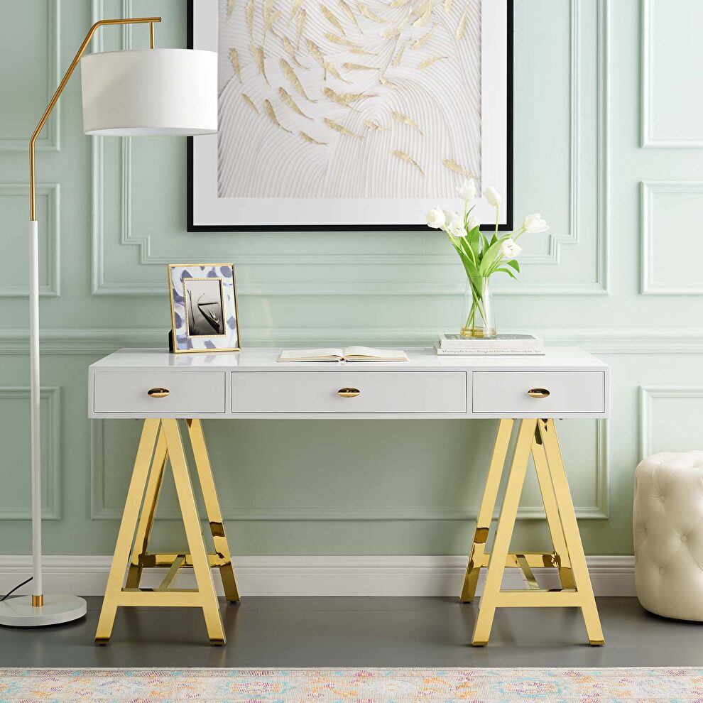 Gold legs / white office desk by Modway