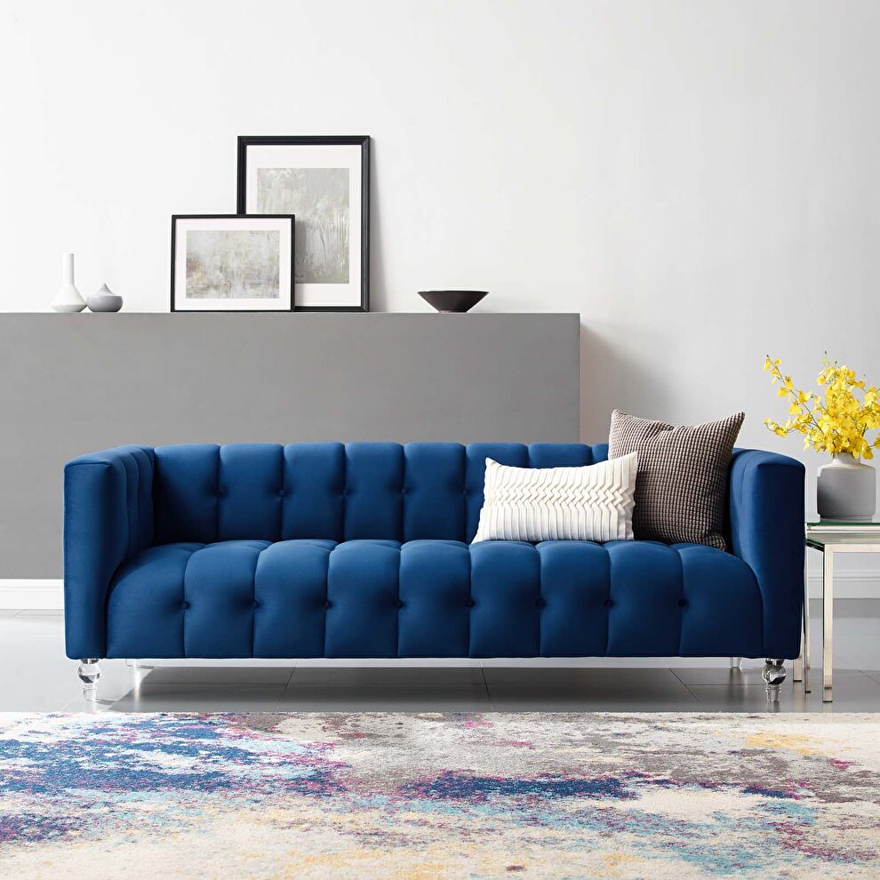 Channel tufted button performance velvet sofa in navy by Modway