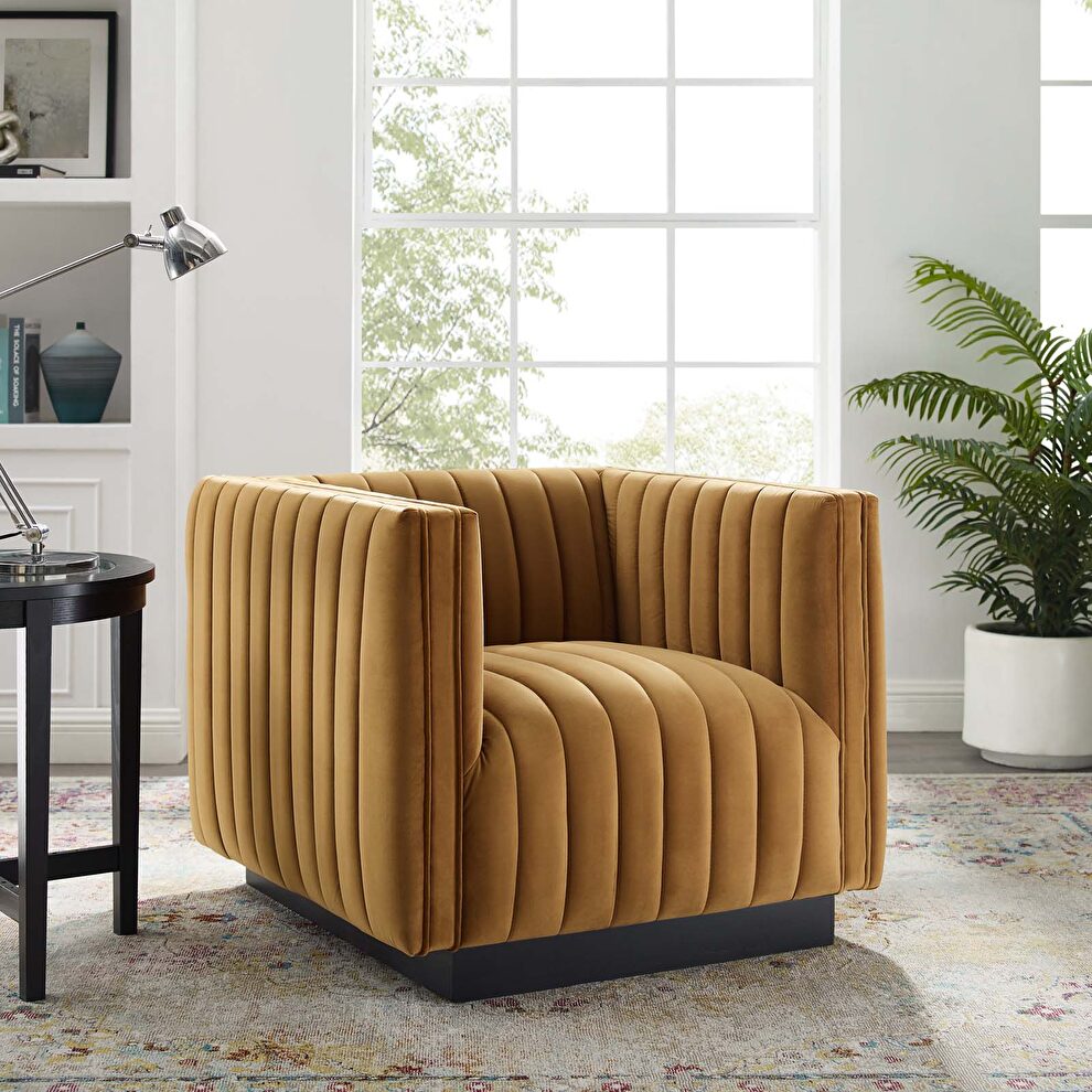 Channel tufted velvet chair in cognac by Modway