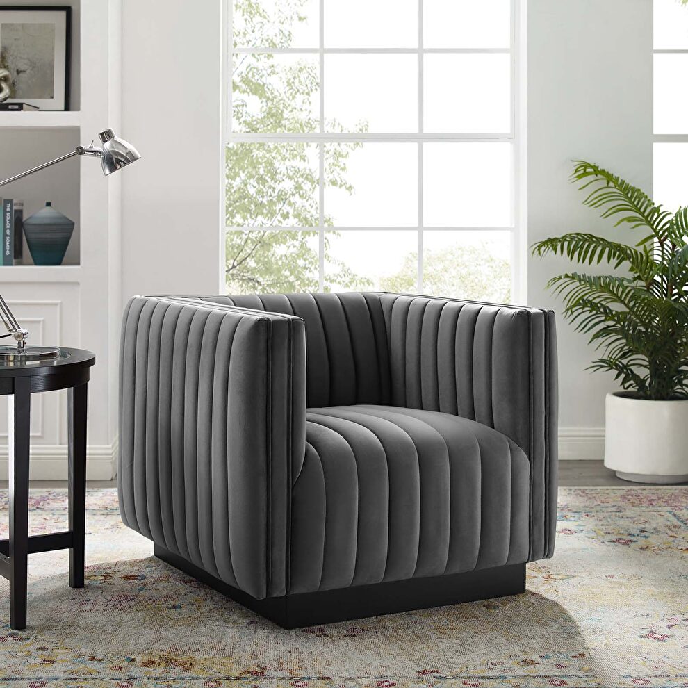Channel tufted velvet chair in gray by Modway