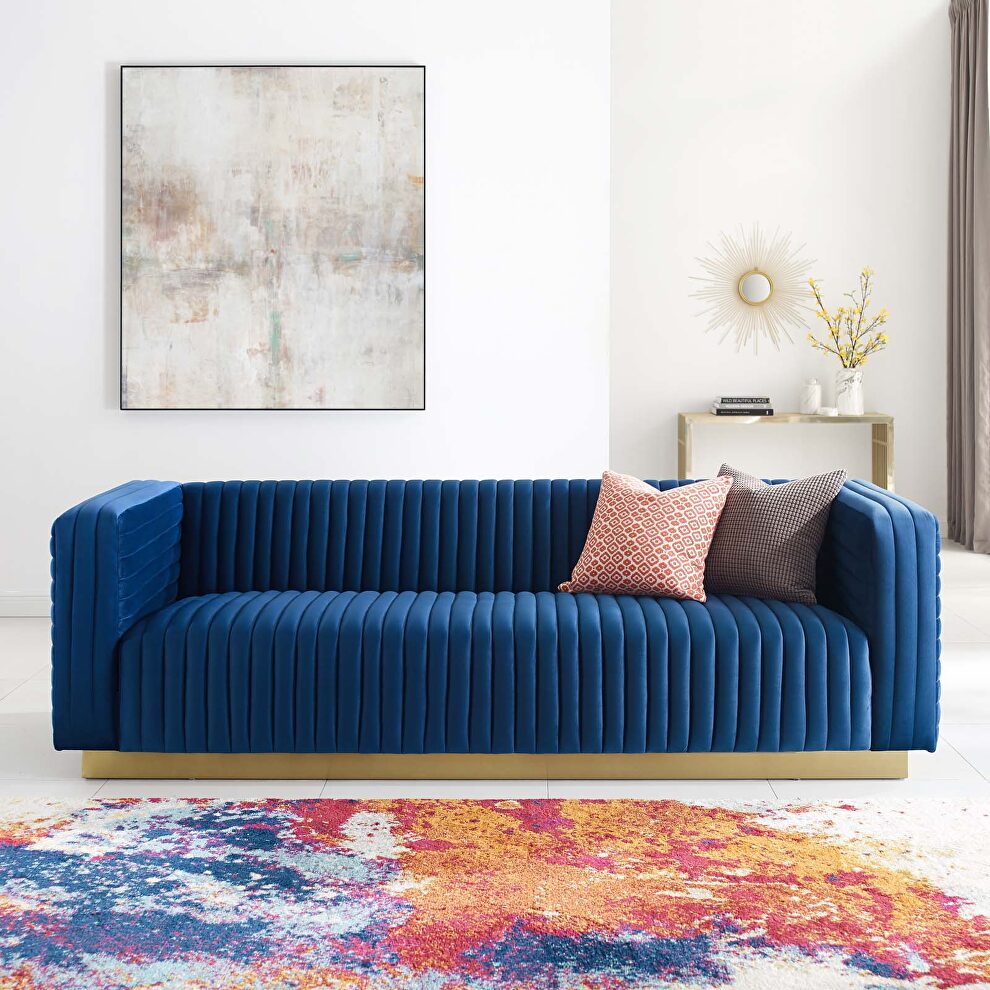 Channel tufted performance velvet living room sofa in navy by Modway