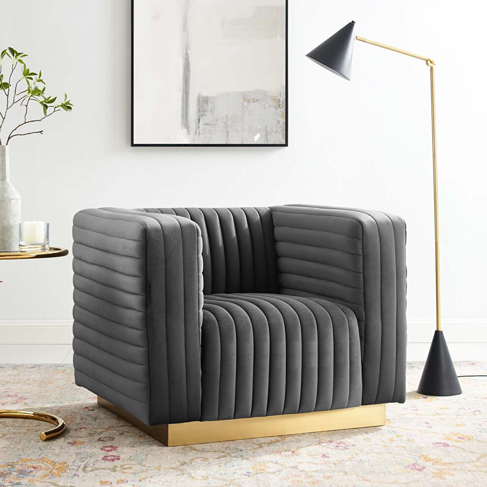 Channel tufted performance velvet accent armchair in charcoal by Modway