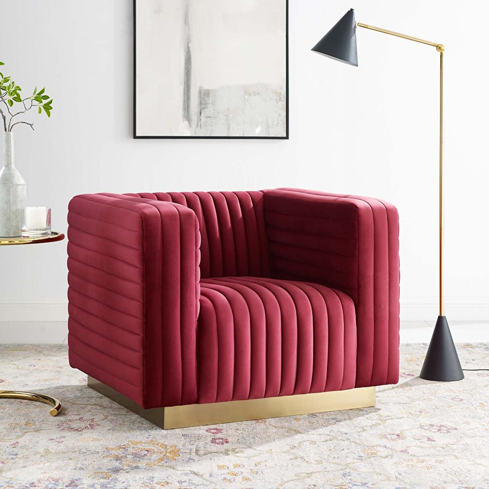 Channel tufted performance velvet accent armchair in maroon by Modway
