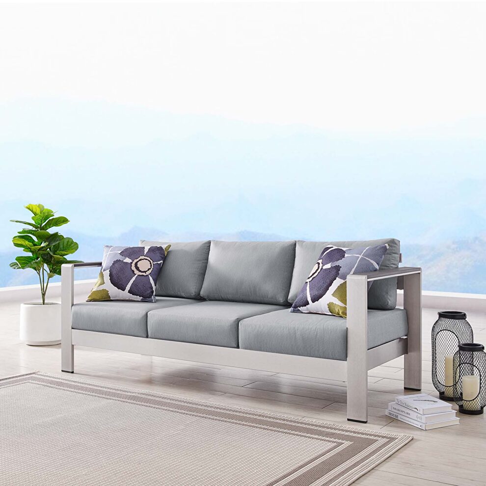 Outdoor patio aluminum sofa in silver gray by Modway