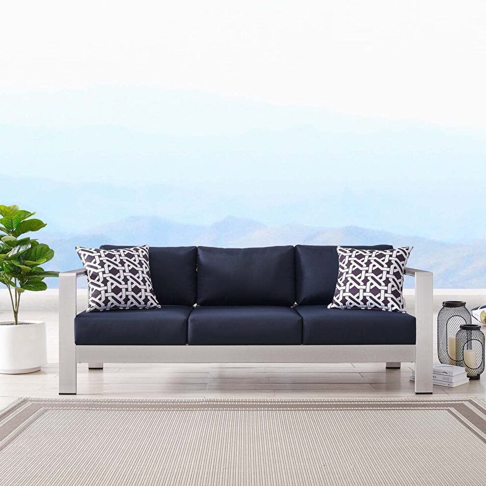 Outdoor patio aluminum sofa in silver navy by Modway