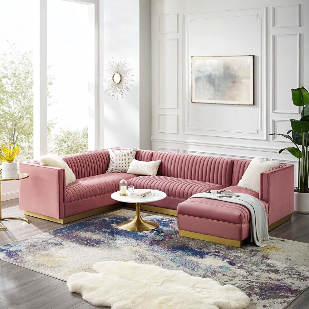 3 piece performance velvet sectional sofa set in dusty rose by Modway