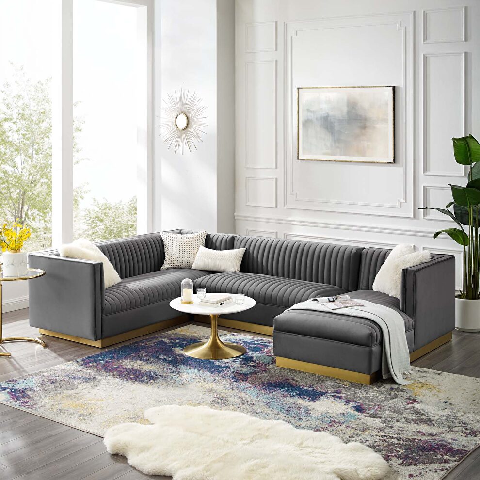 3 piece performance velvet sectional sofa set in gray by Modway