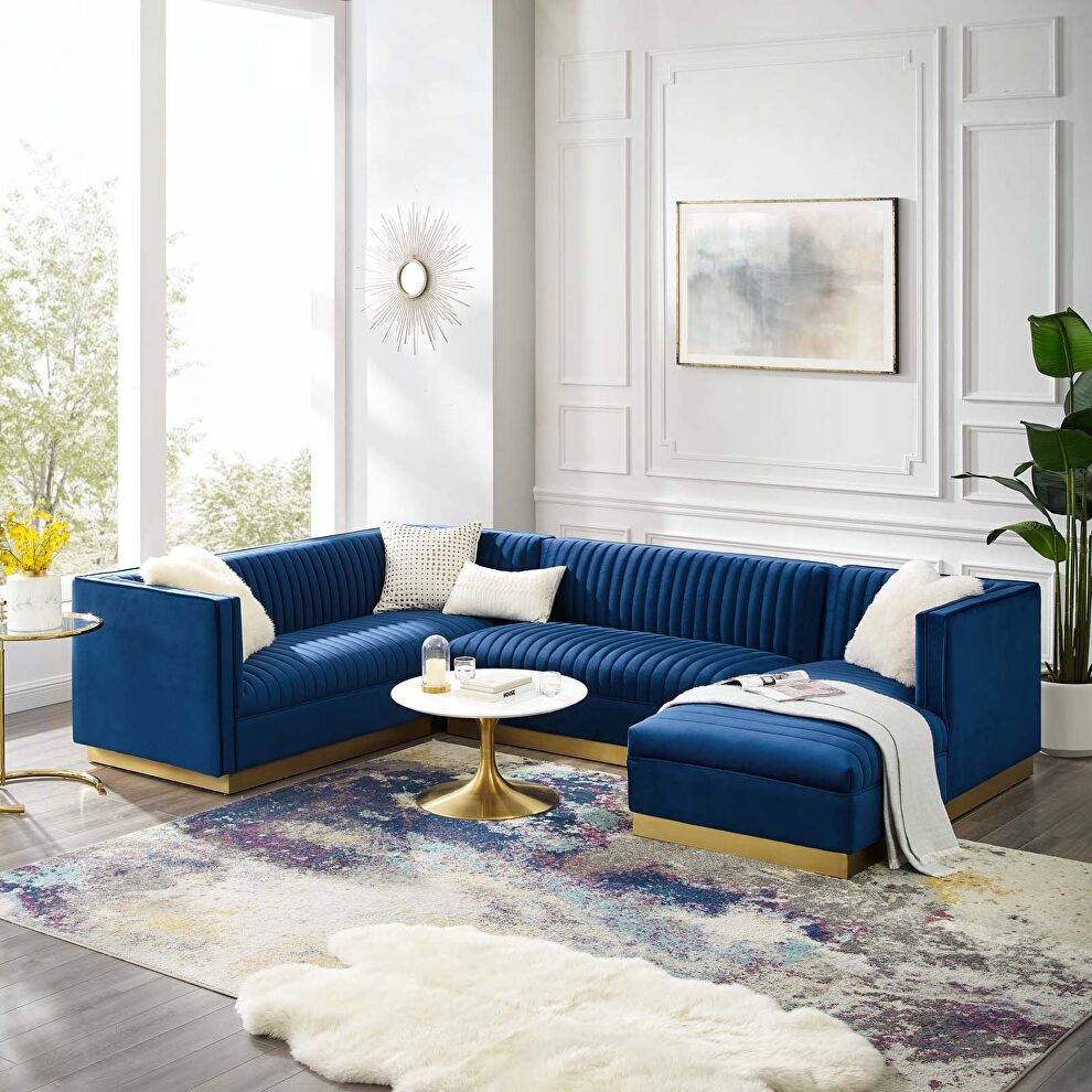 3 piece performance velvet sectional sofa set in navy by Modway