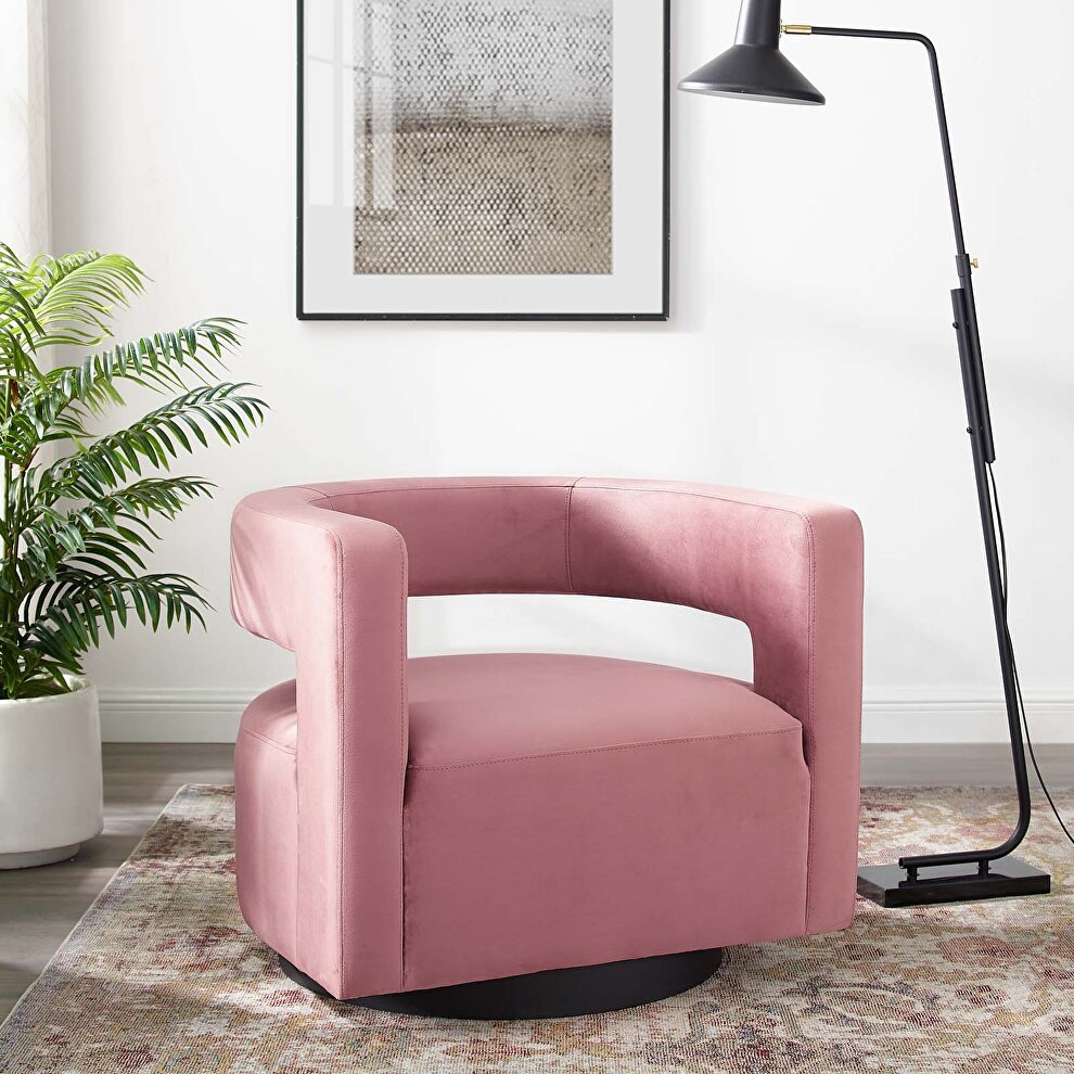Cutaway performance velvet swivel armchair in dusty rose by Modway