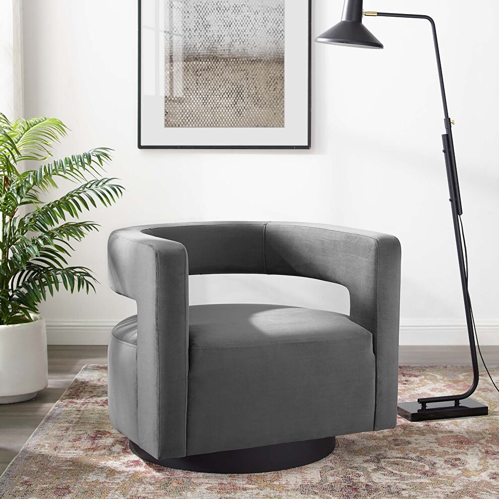 Cutaway performance velvet swivel armchair in gray by Modway