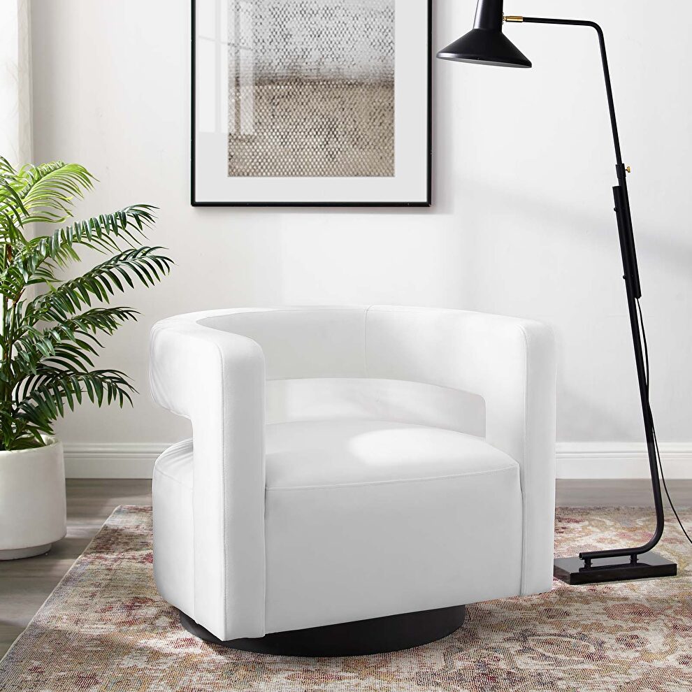 Cutaway performance velvet swivel armchair in white by Modway
