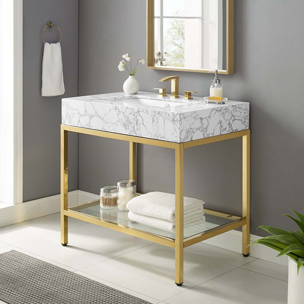 Black stainless steel bathroom vanity in gold white by Modway