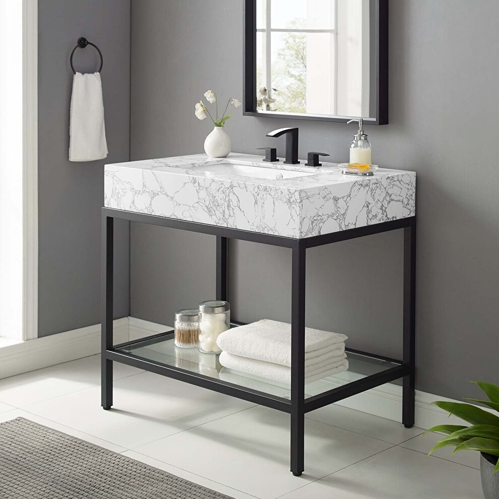 Stainless steel bathroom vanity in black and white by Modway