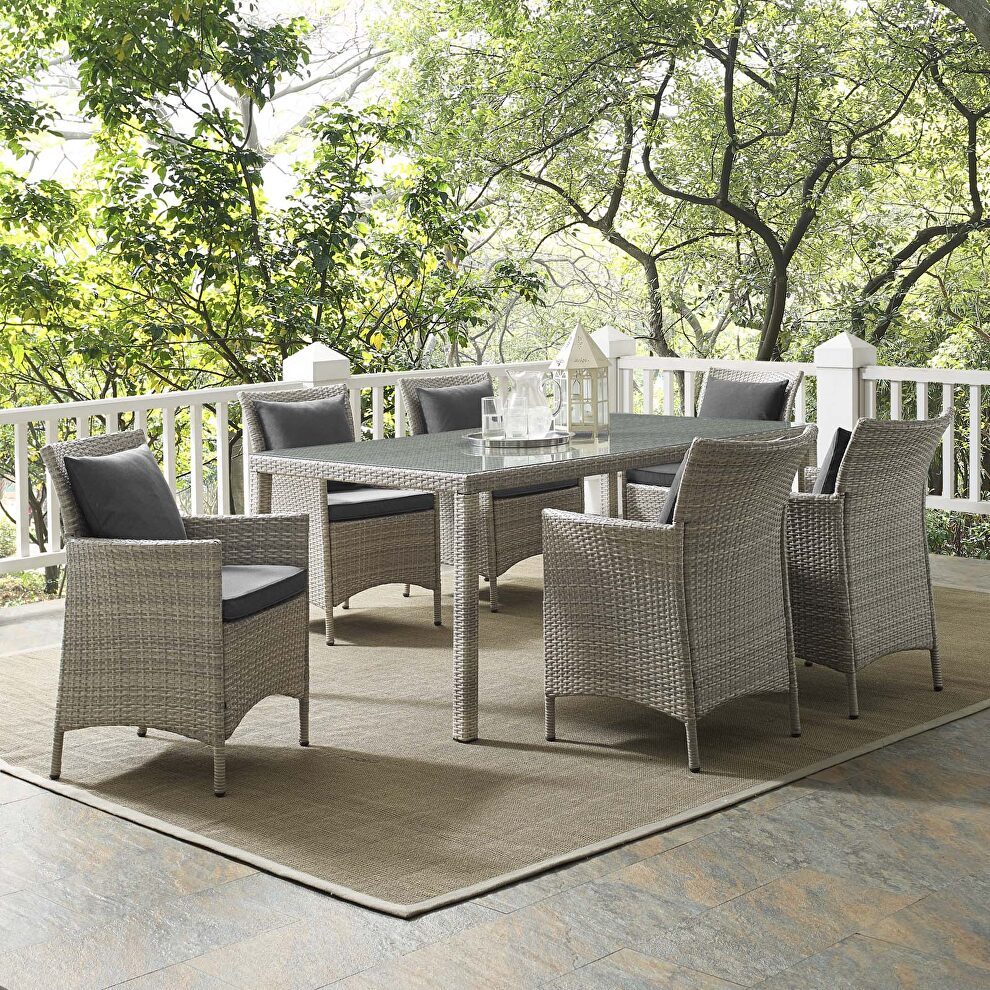 7 piece outdoor patio wicker rattan dining set in light gray/ charcoal by Modway