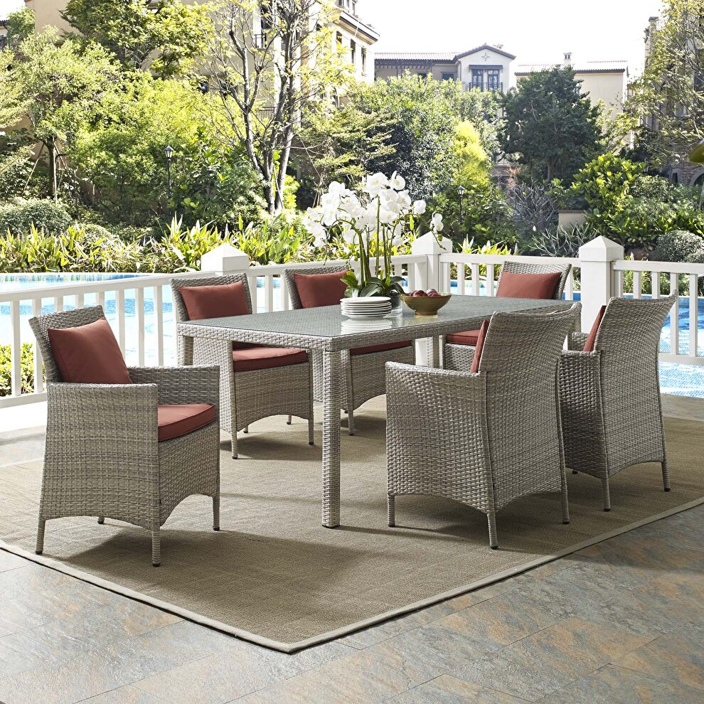 7 piece outdoor patio wicker rattan dining set in light gray/ currant by Modway