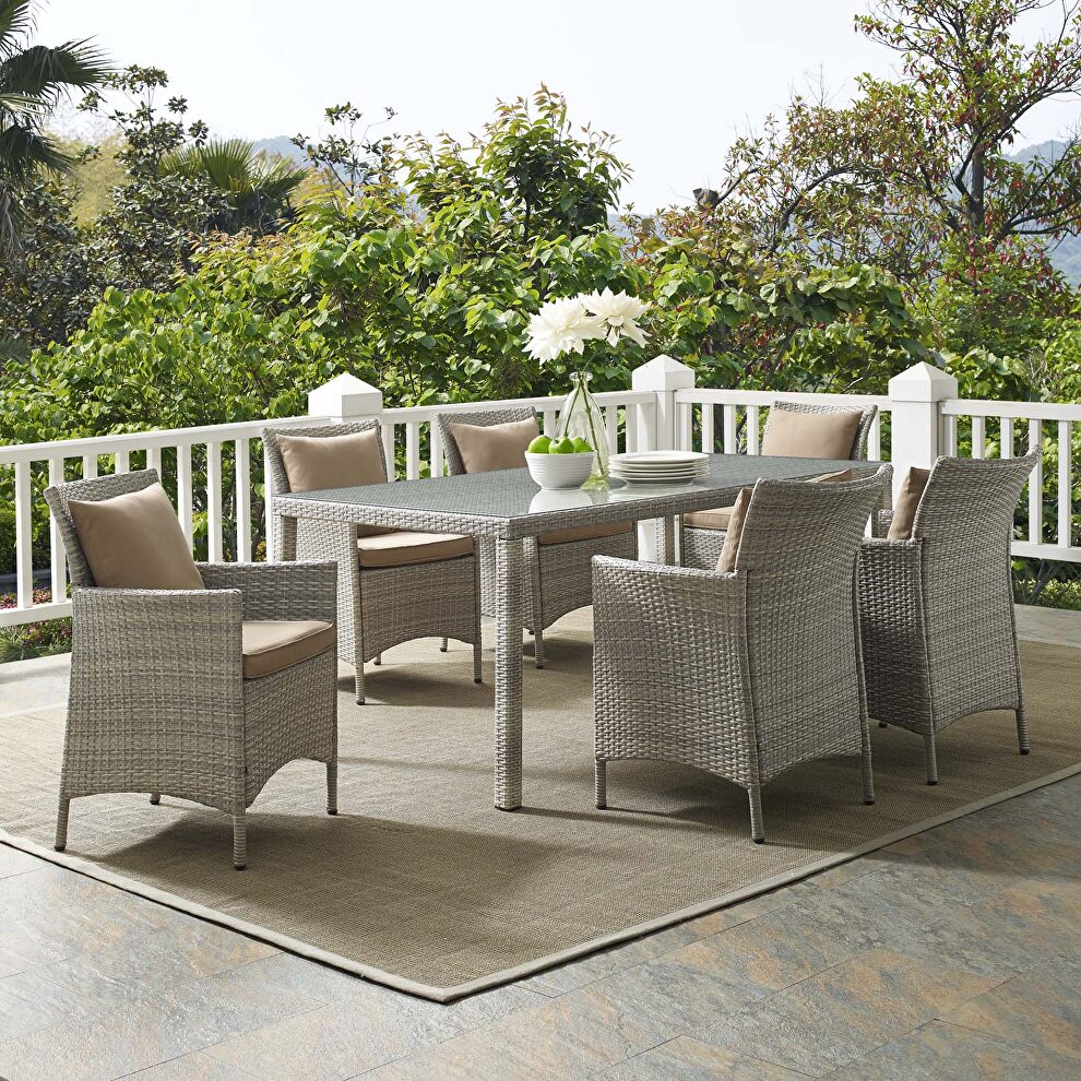 7 piece outdoor patio wicker rattan dining set in light gray/ mocha by Modway