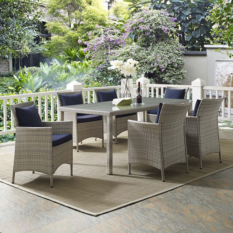 7 piece outdoor patio wicker rattan dining set in light gray/ navy by Modway