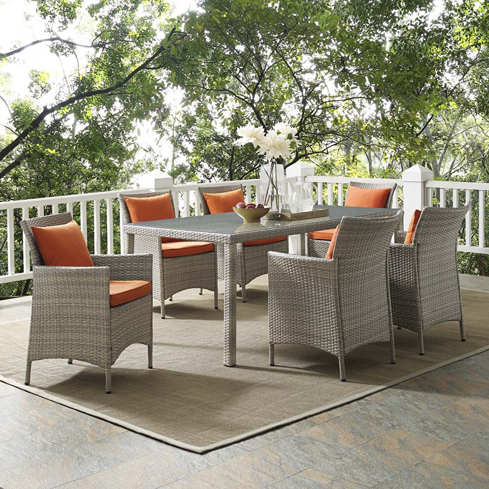 7 piece outdoor patio wicker rattan dining set in light gray/ orange by Modway