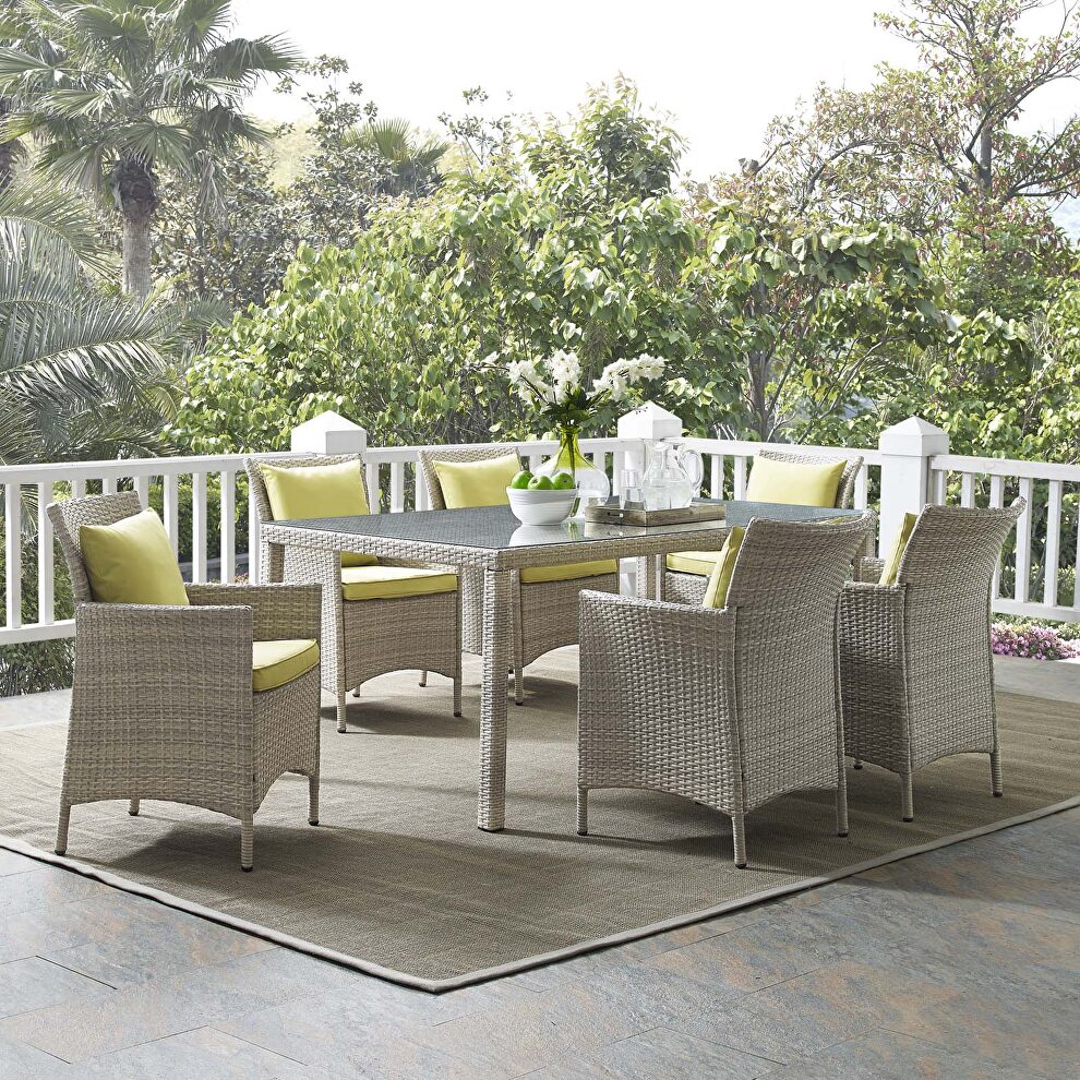 7 piece outdoor patio wicker rattan dining set in light gray/ peridot by Modway