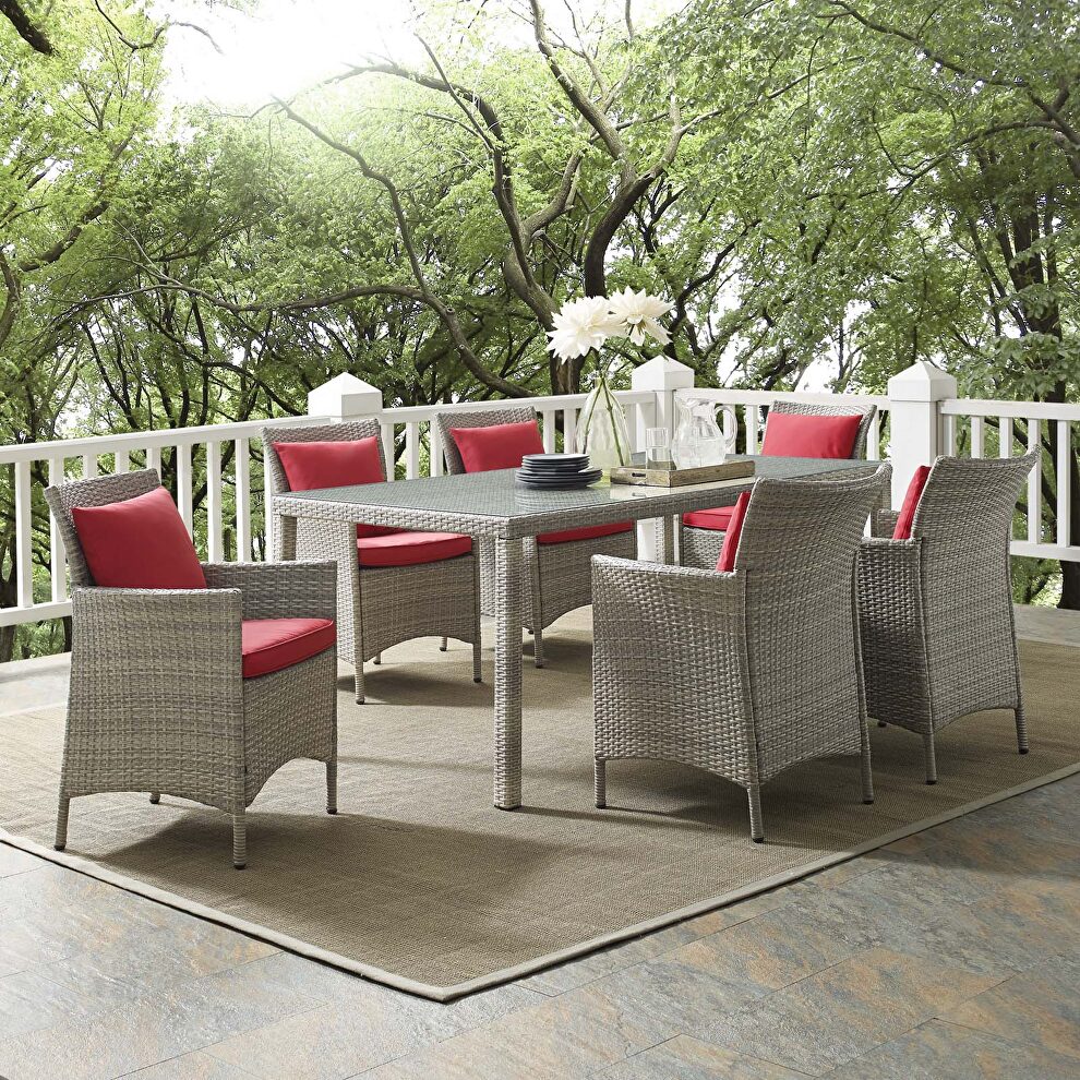 7 piece outdoor patio wicker rattan dining set in light gray/ red by Modway