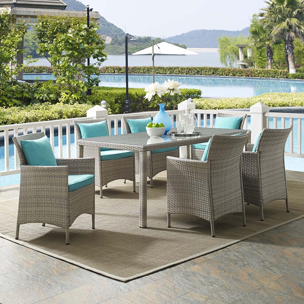 7 piece outdoor patio wicker rattan dining set in light gray/ turquoise by Modway