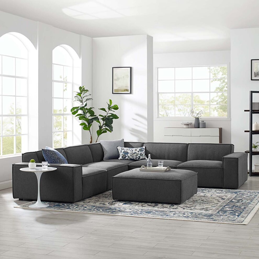 Charcoal fabric 6pcs sectional sofa and ottoman set by Modway