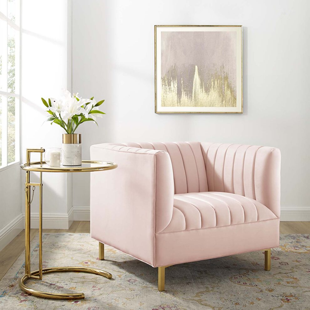 Channel tufted performance velvet armchair in pink by Modway