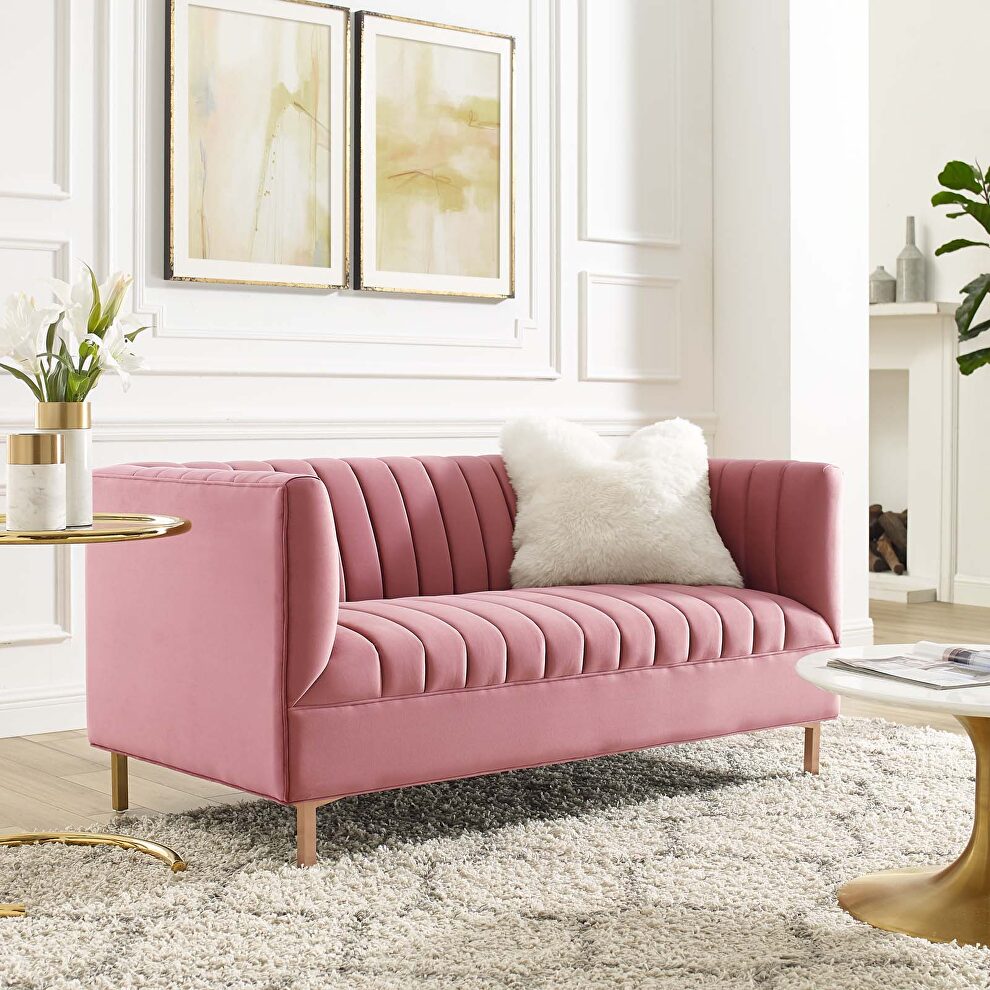 Channel tufted performance velvet loveseat in dusty rose by Modway