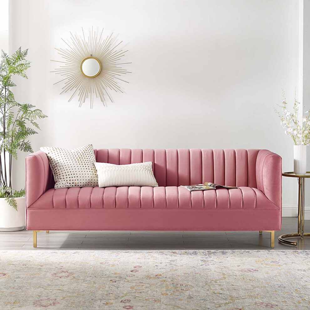 Channel tufted performance velvet sofa in dusty rose by Modway