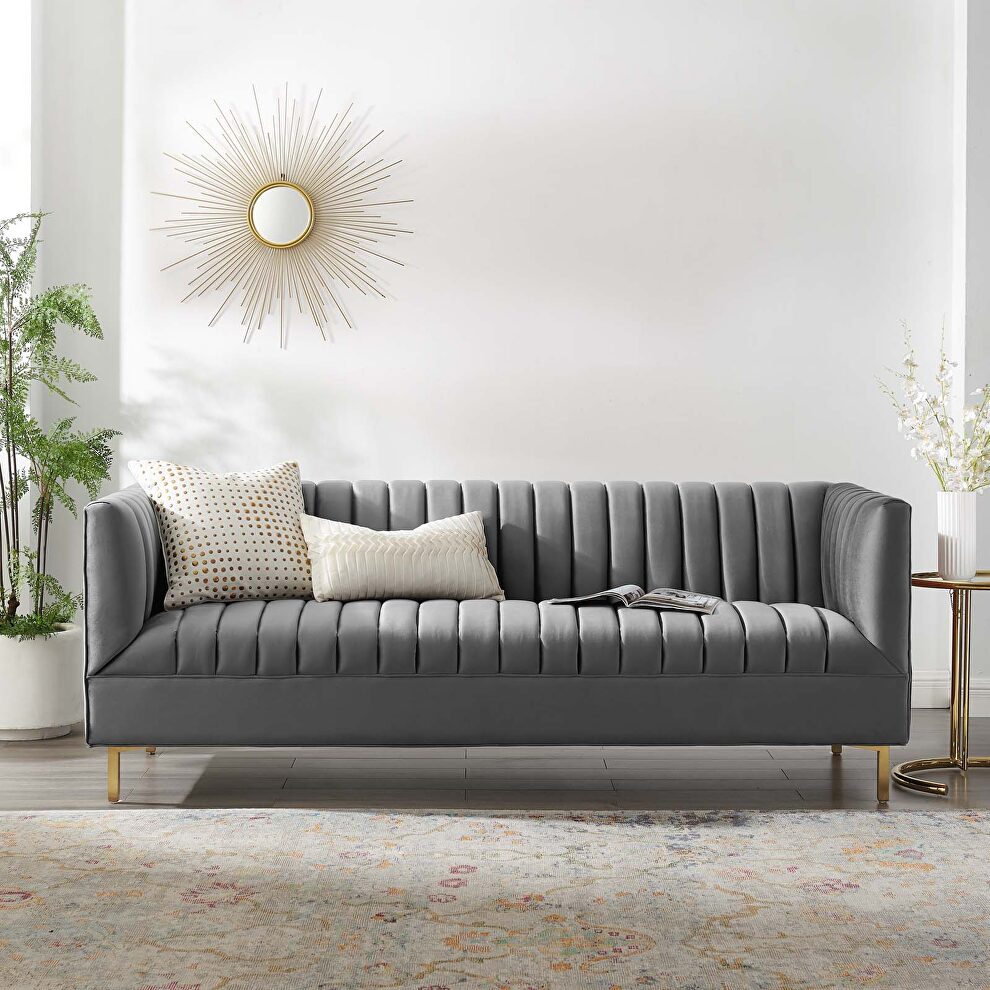 Channel tufted performance velvet sofa in gray by Modway