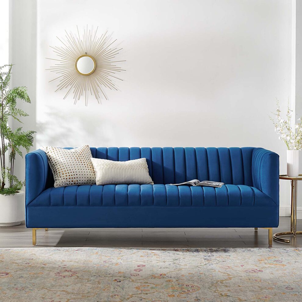 Channel tufted performance velvet sofa in navy by Modway
