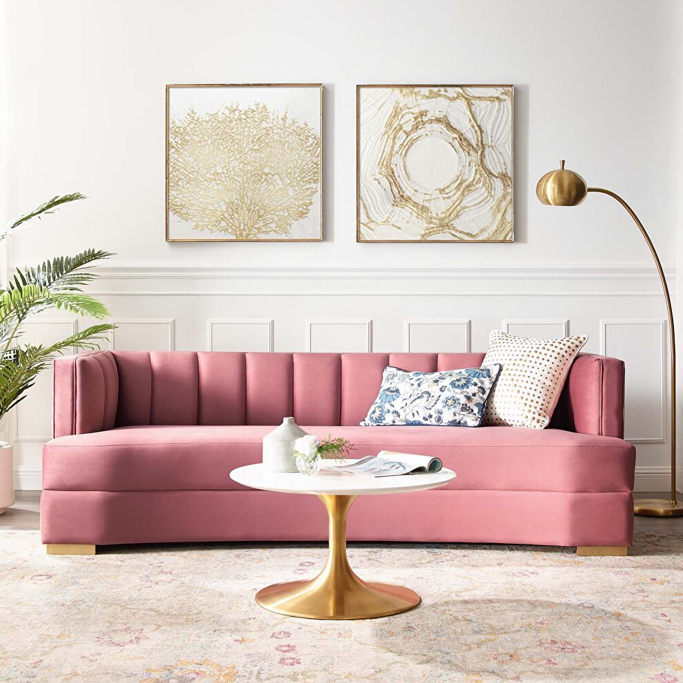 Channel tufted performance velvet curved sofa in dusty rose by Modway