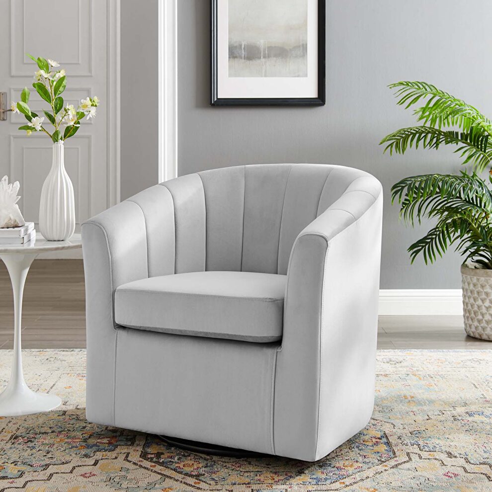 Performance velvet swivel armchair in light gray by Modway