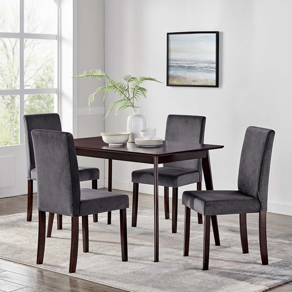 5 piece upholstered velvet dining set in cappuccino gray by Modway