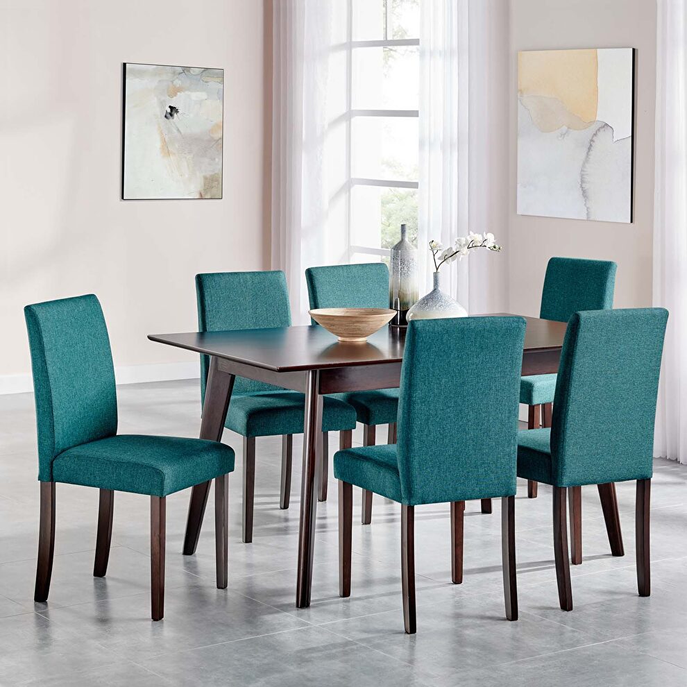 7 piece upholstered fabric dining set in cappuccino teal by Modway