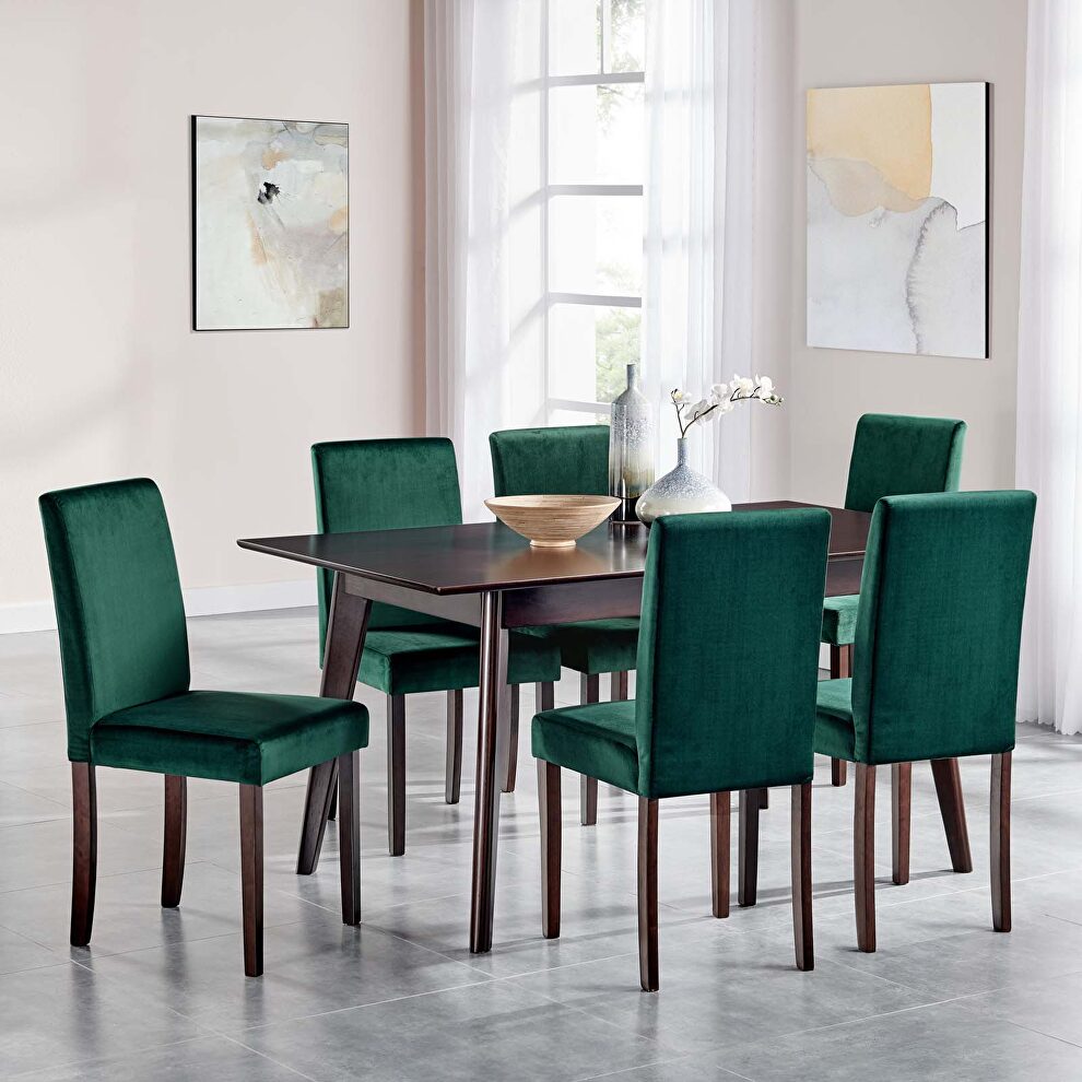 7 piece upholstered velvet dining set in cappuccino green by Modway