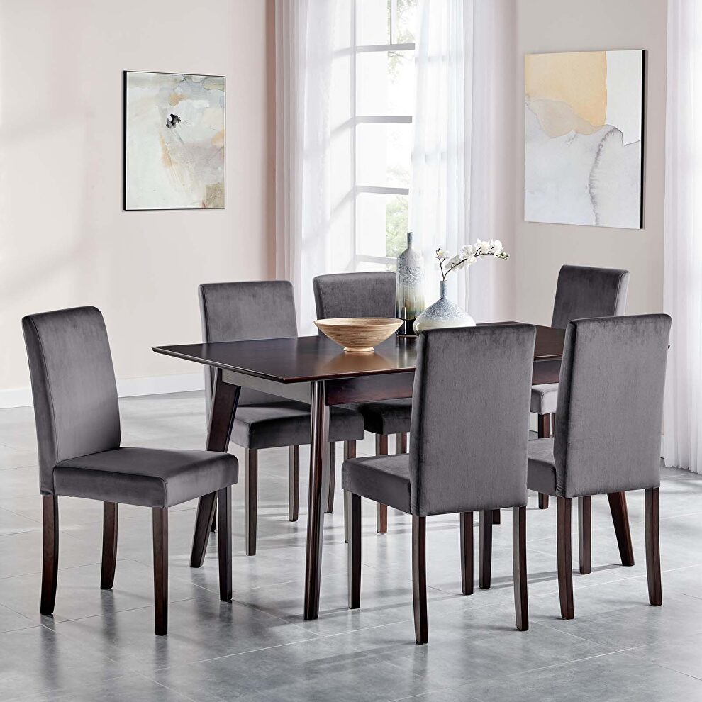 7 piece upholstered velvet dining set in cappuccino gray by Modway