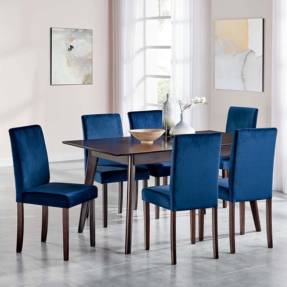 7 piece upholstered velvet dining set in cappuccino navy by Modway